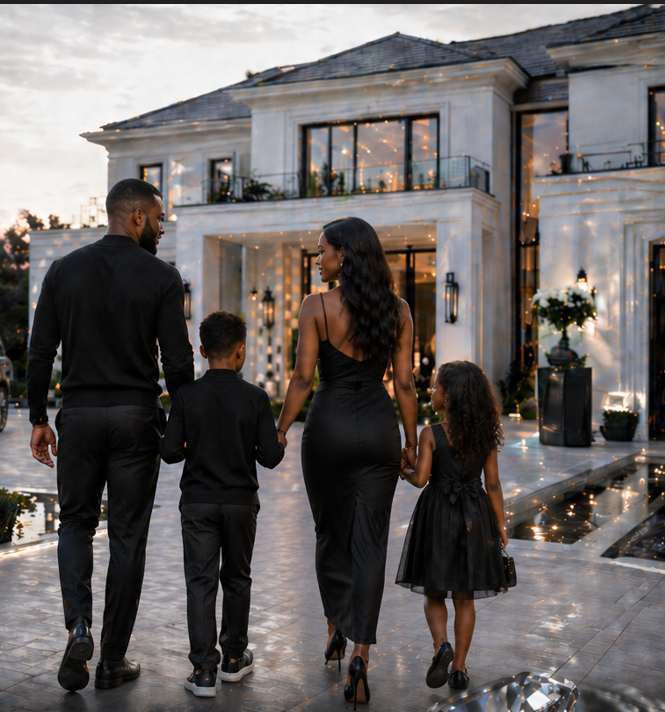 A family walking toward an elegant home, representing the life and legacy they are building